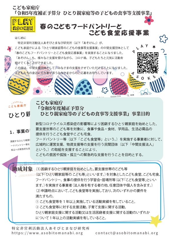 【助成金情報】「こども家庭庁「令和５年度 ひとり親家庭等のこどもの食事等支援事業」申込開始('length=